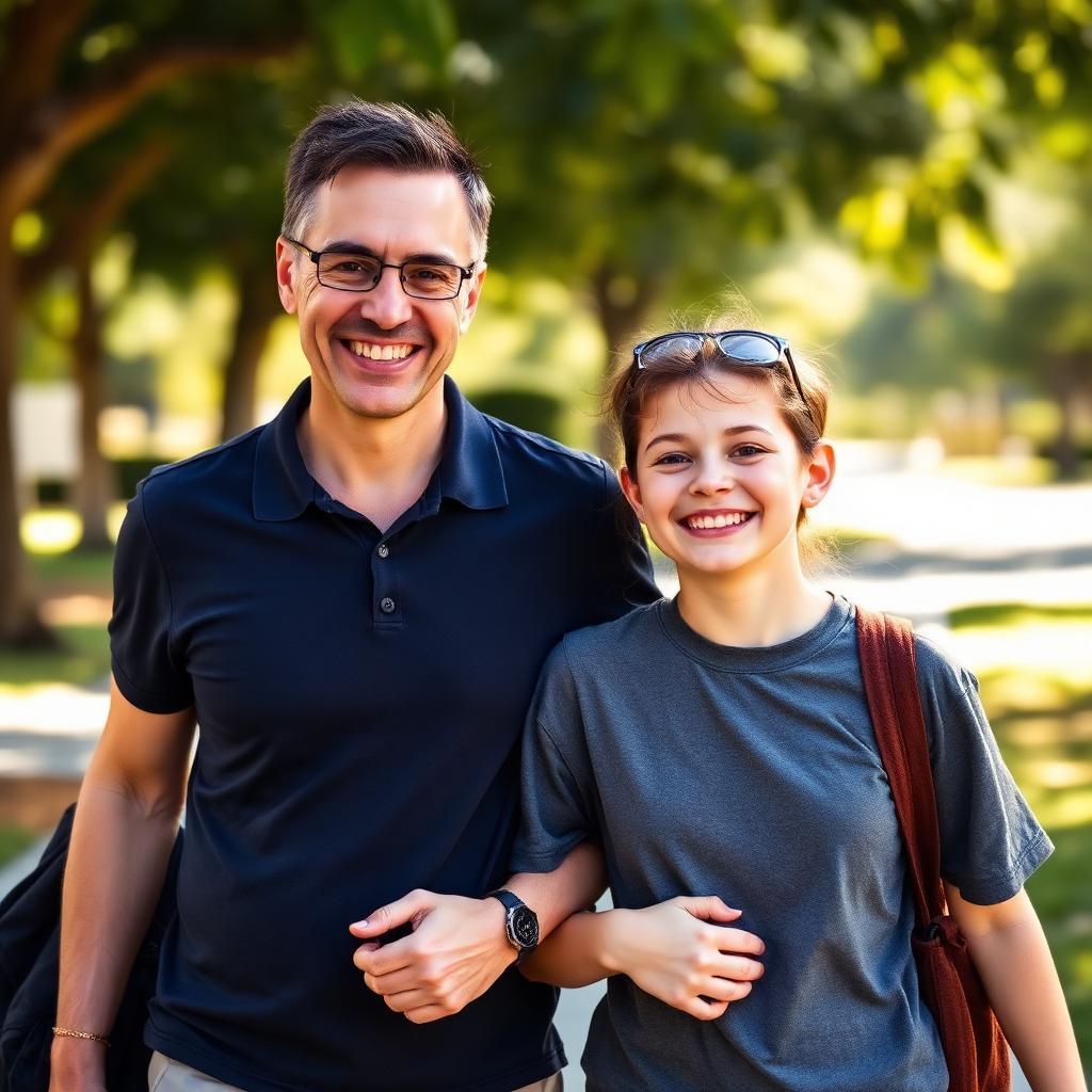 Support worker walking with a teenage participant in a sunlit park
