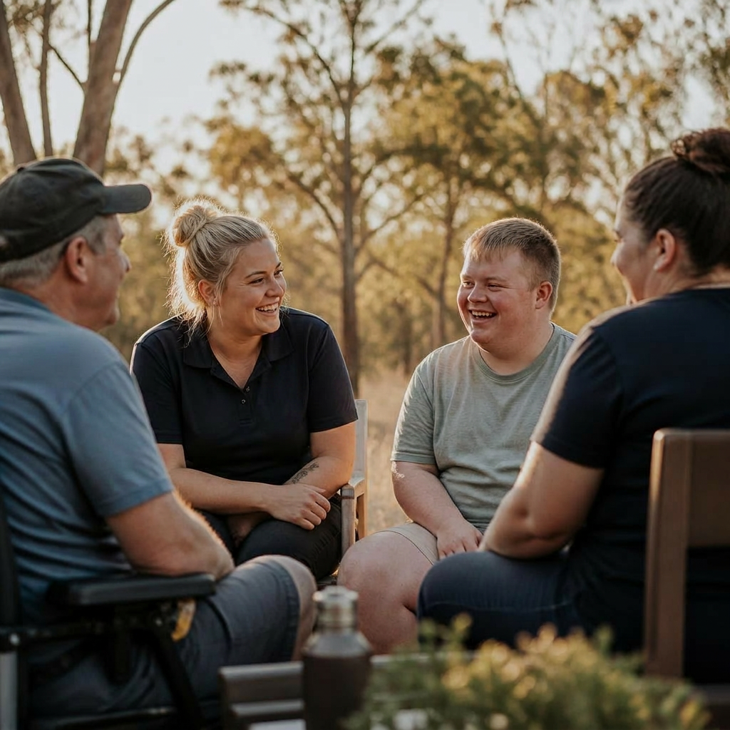 NDIS support workers and participants meeting outdoors at golden hour
