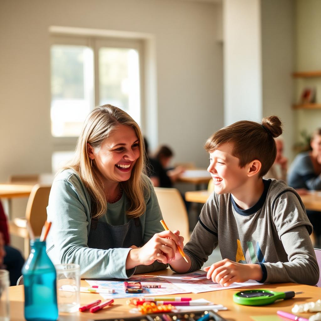 Support worker laughing with a teenage participant during an art activity