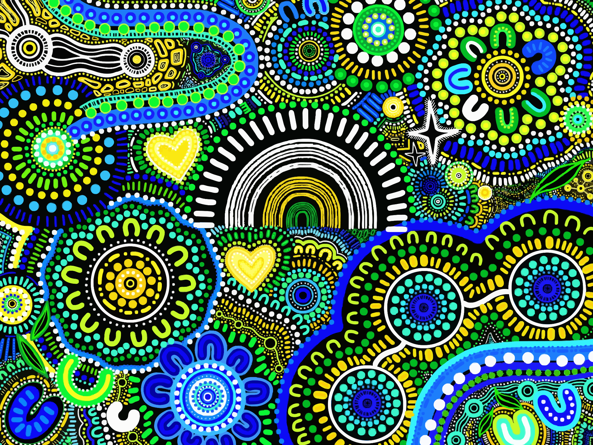 Vibrant Aboriginal dot-art celebrating community and Country