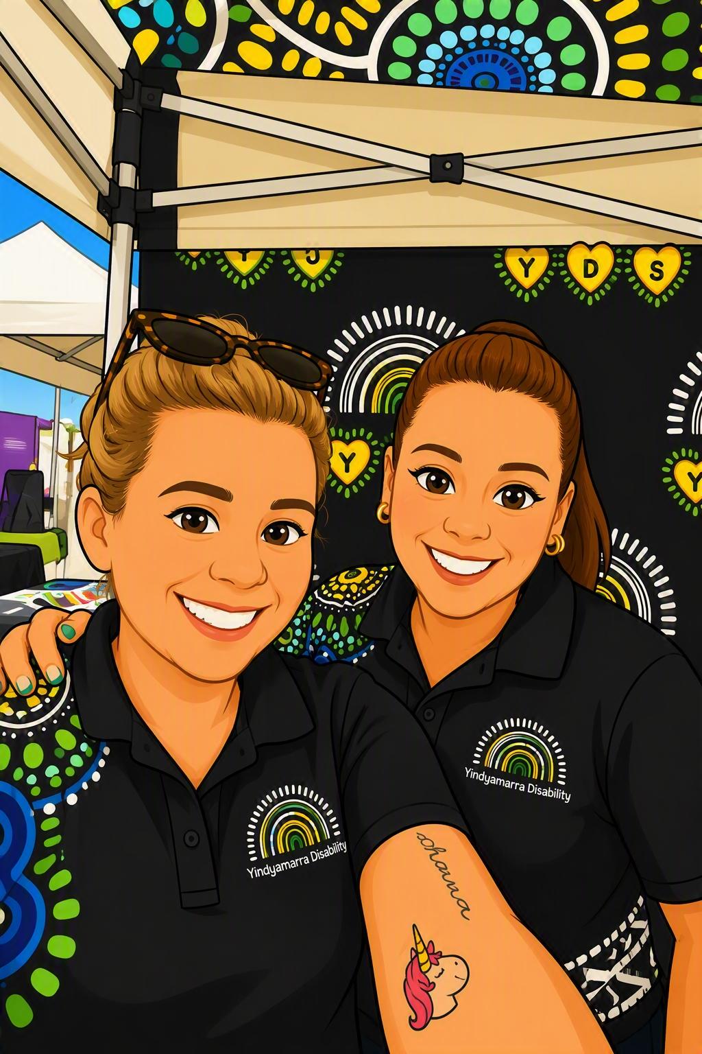 Illustrated portrait of two Yindyamarra Disability team members at their stall